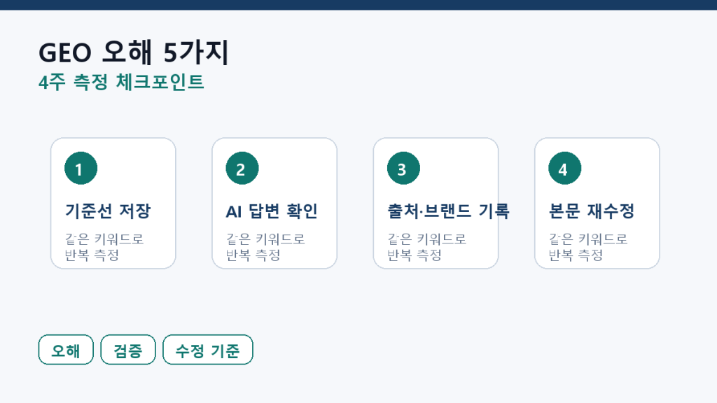 GEO에 대한 오해 5가지 — 마케터가 자주 묻는 것 측정 체크포인트 도식
