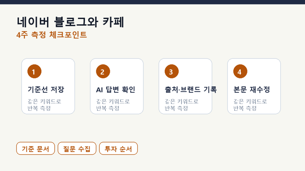 네이버 블로그 vs 카페 — GEO 관점에서 어디에 투자할 것인가 측정 체크포인트 도식